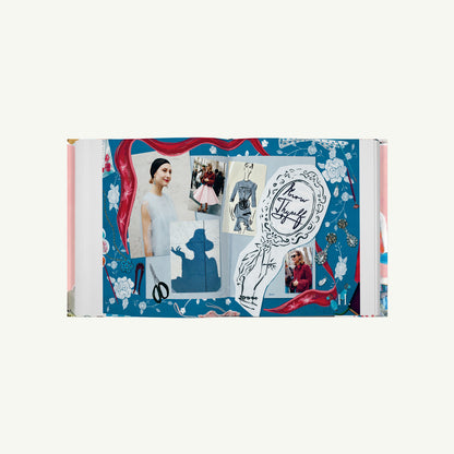 Jenny Sais Quoi by Phaidon: blue scrapbook page with vintage fashion, sketches & floral background.
