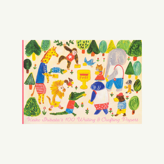 Inspired by Keiko Shibata’s style, animals in clothes gather by a yellow mailbox. Ingram Publishers.