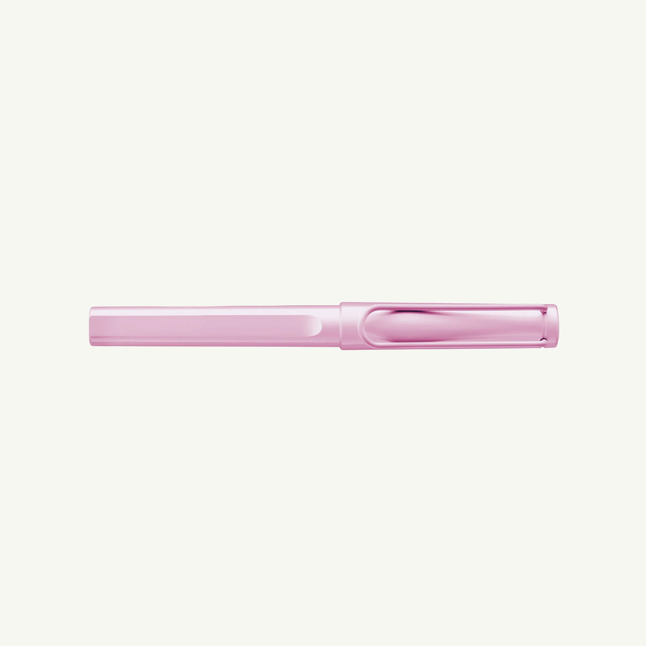 A closed, light pink Lamy Safari Rollerball pen with a comfy grip on a white background.
