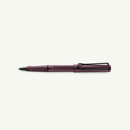 Lamy Safari Rollerball in purple with black clip, designed for smooth writing comfort.
