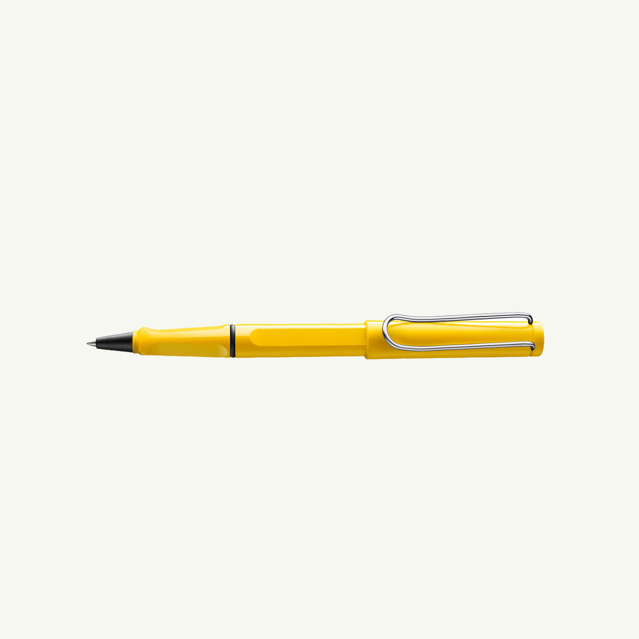 Lamy Safari Rollerball in yellow with silver clip offers comfort on a white background.
