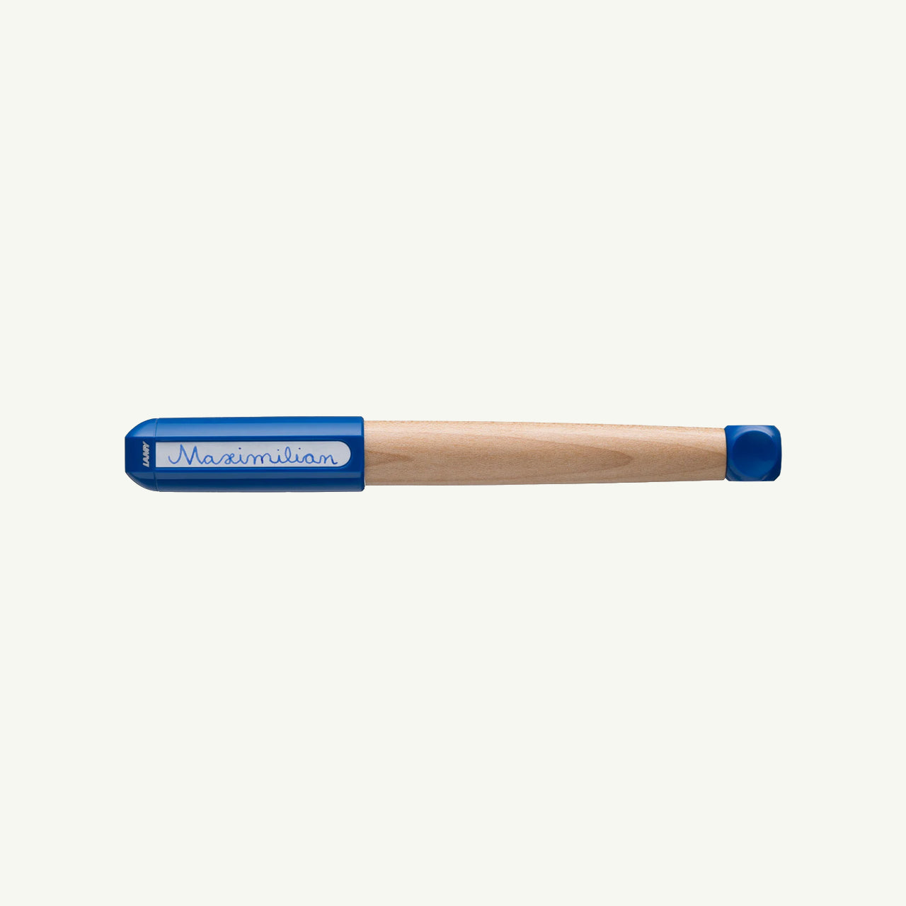 Lamy ABC Fountain Pen, blue cap, ergonomic grip, "Maximilien" on clip.