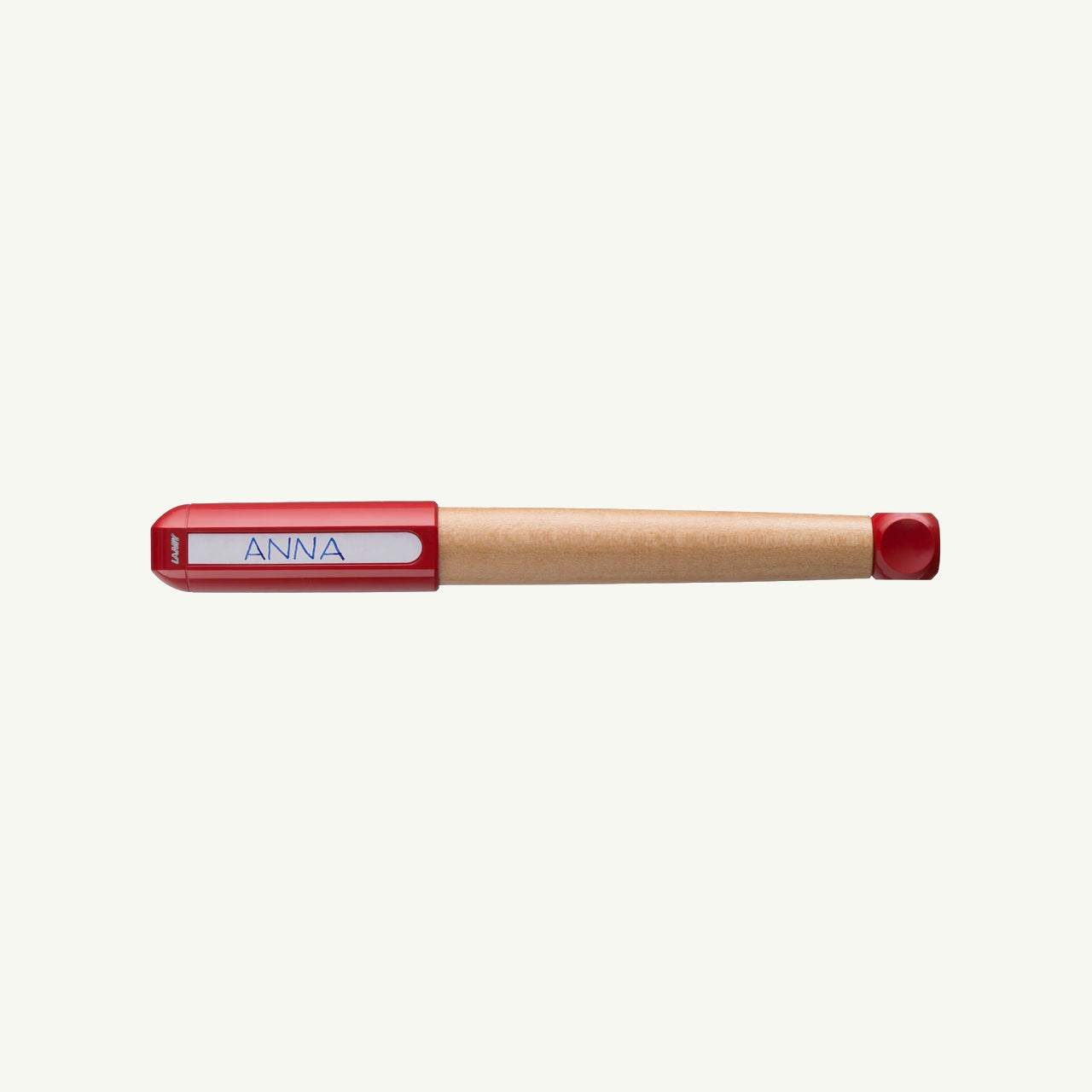 Lamy ABC Fountain Pen for lefties, maple body, red ends, ergonomic grip, "Anna" label.