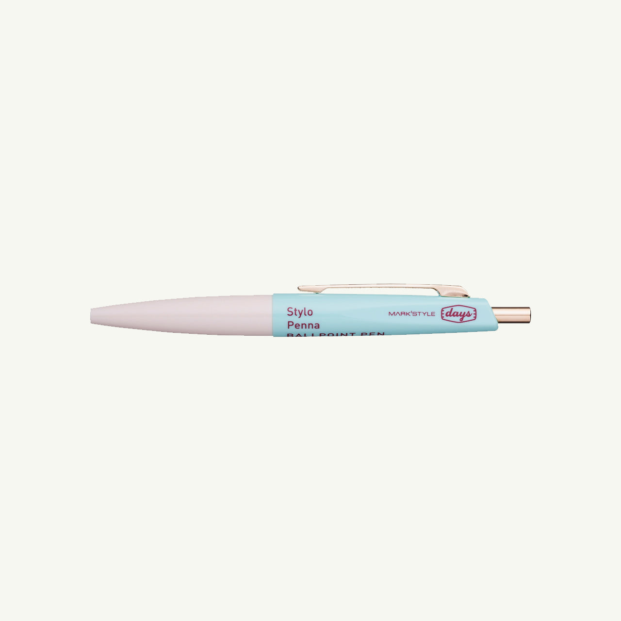 Mini Anterique by MARK'S Inc.: small pen, blue/pink, clip, oil-based ink, side text.