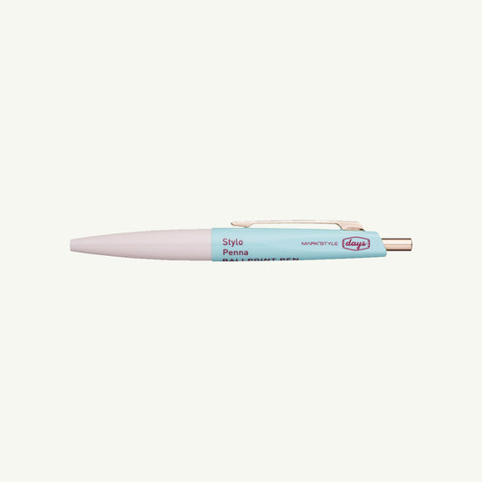 Mini Anterique by MARK'S Inc.: small pen, blue/pink, clip, oil-based ink, side text.