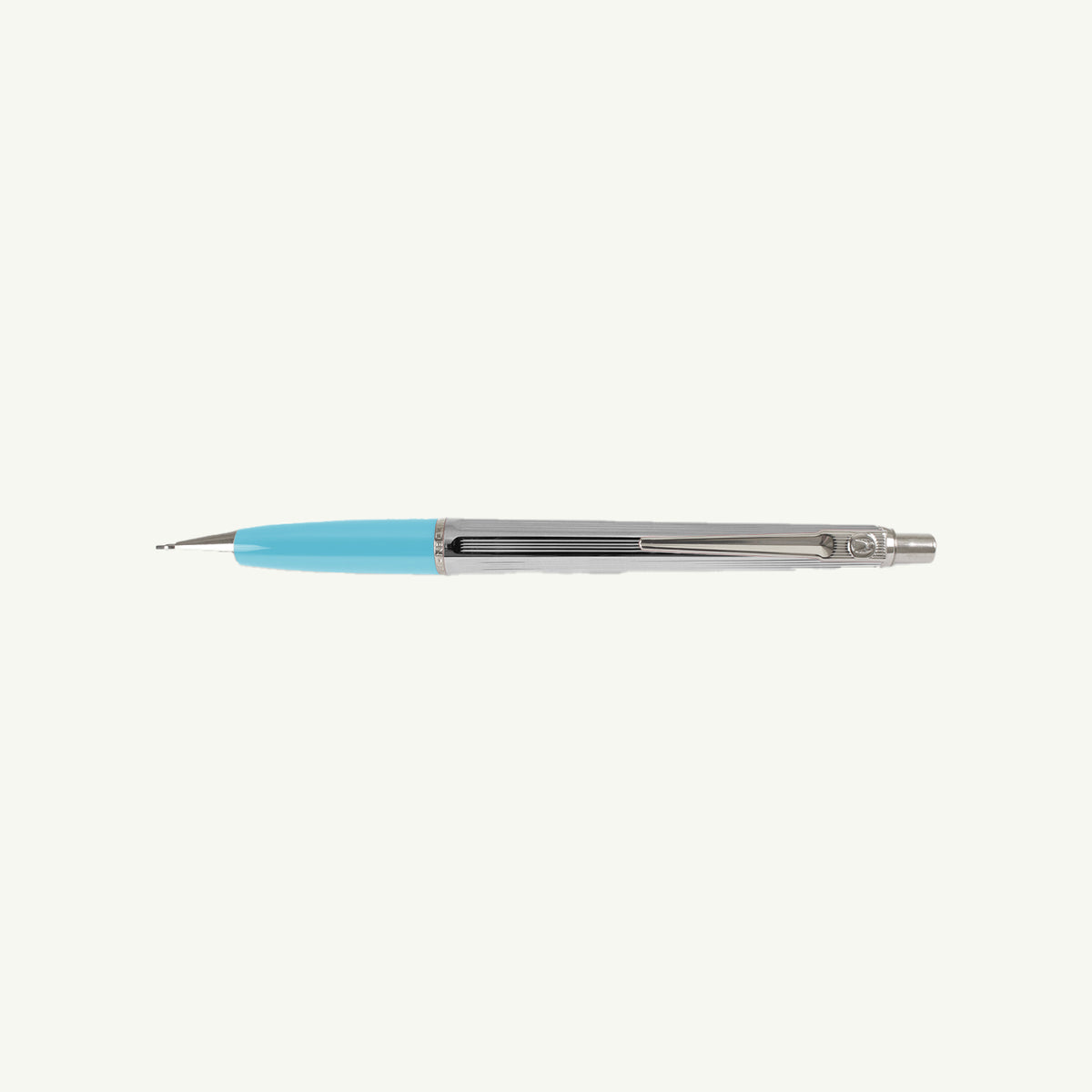 Ballograf by Nord Mark Inc. 0.7mm pencil; blue body, chrome finish, white background.