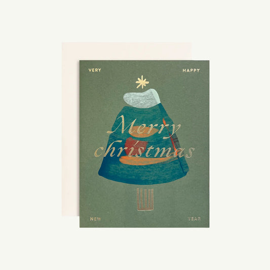 Merry Tree Box Set holiday card with a stylized green tree and gold Merry Christmas foil text.
