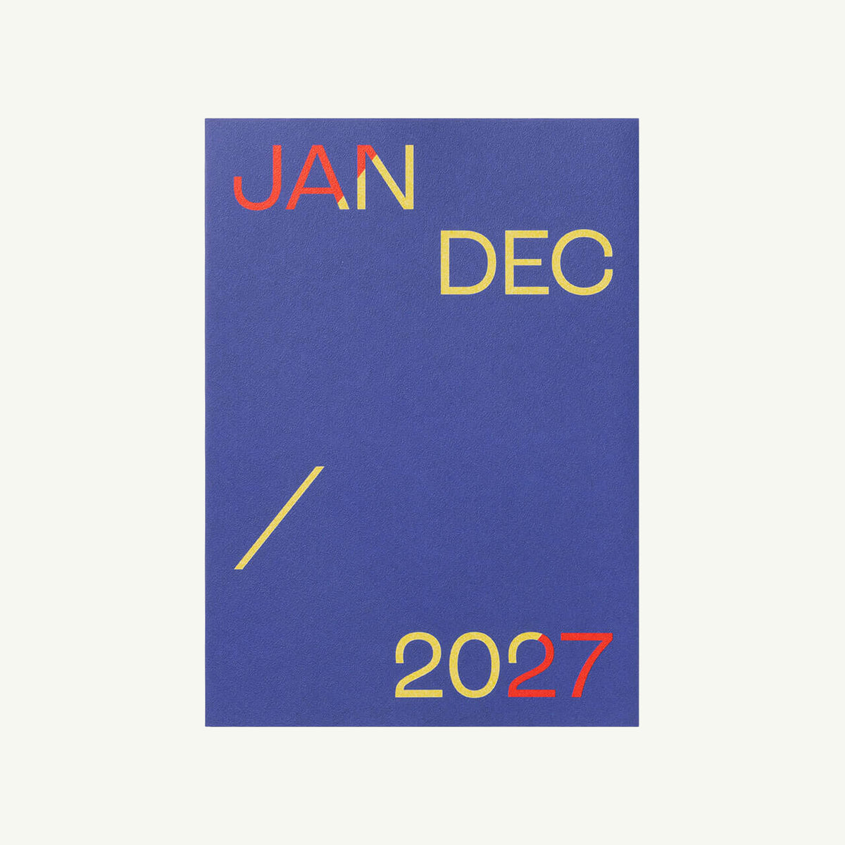 Mishmash 2027 Planner: blue cover, yellow/red JAN DEC text, bold yellow diagonal line.