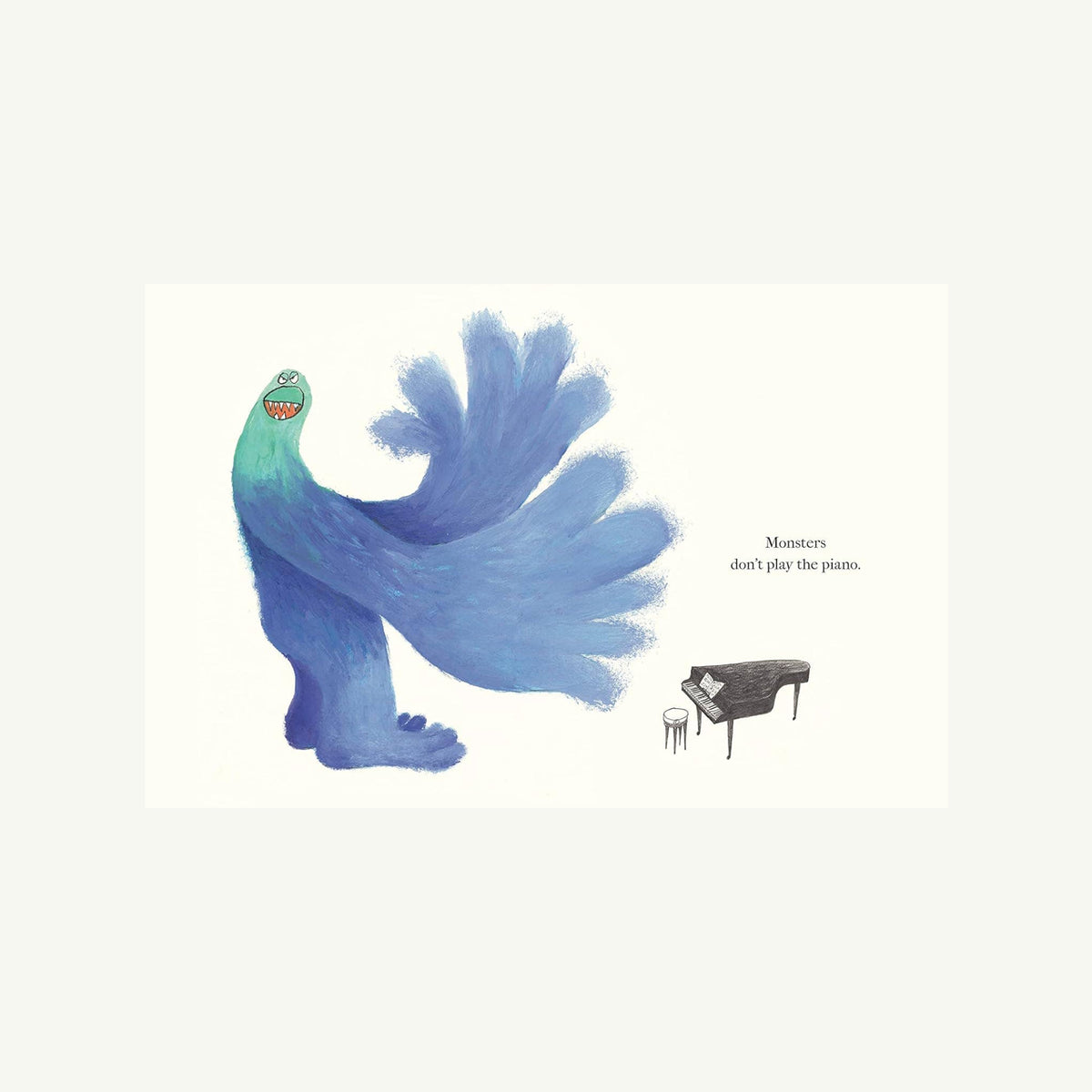 Blue monster grins by piano; “Monsters Never Get Haircuts” book says monsters skip piano.