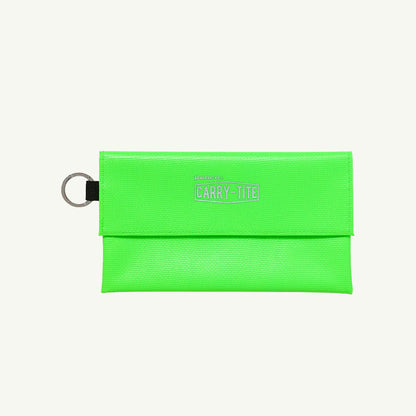 Bright green, water-resistant Carry Tite Case pen case with a keyring loop and front flap.