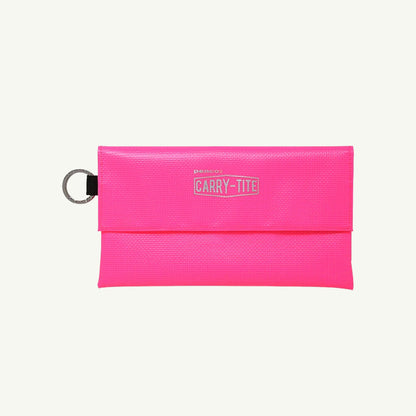 Bright pink rectangular Hightide Carry Tite Case with a side ring and a central logo.