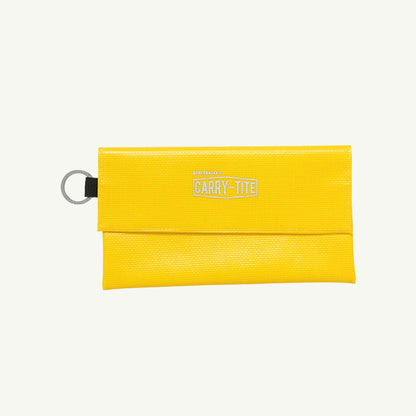 Yellow rectangular Carry Tite Case, Pen Case with a zipper, metal ring, and front branding.