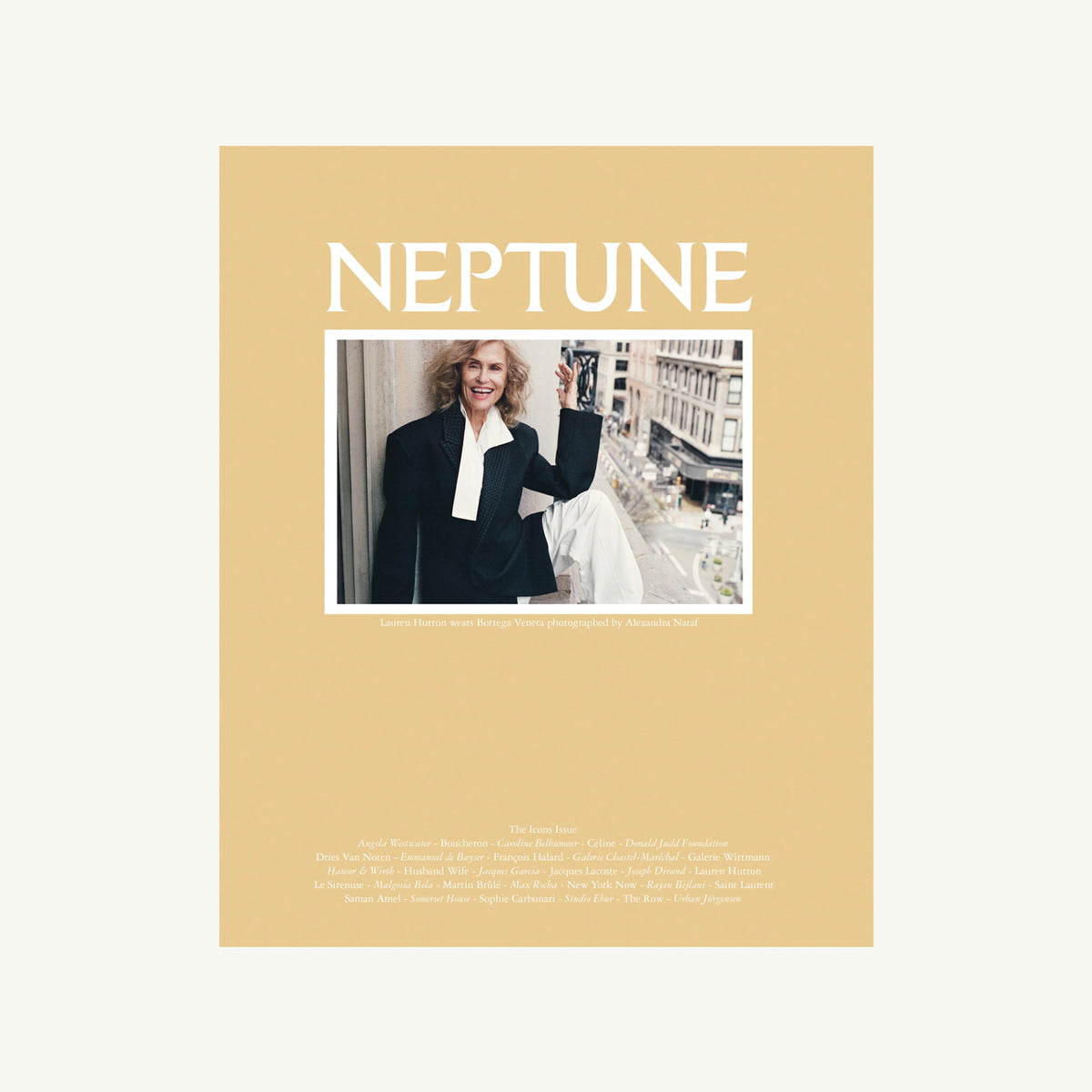 A smiling person in a suit waves on a balcony; cinematic style highlights Neptune by Neptune Papers.