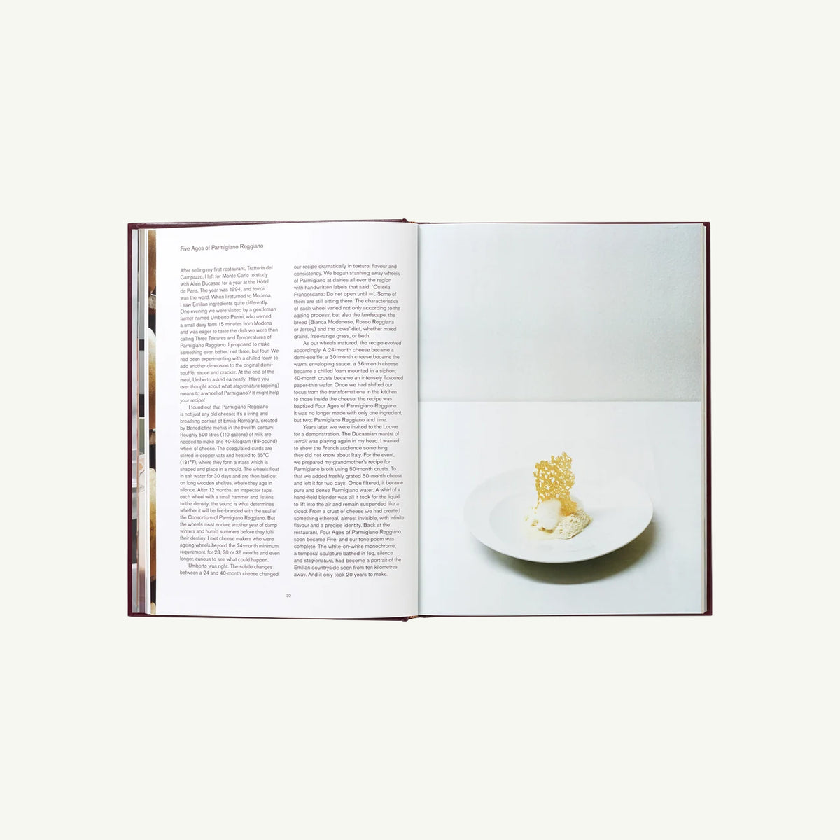 Never Trust a Skinny Italian by Phaidon open with Massimo Bottura recipe and plated dessert.