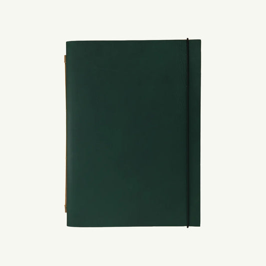 Dark green Novum Organum Notebook, refillable leather, black band, by La Compagnie Du Kraft.