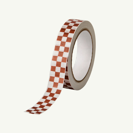 Kinshipped Recycled Paper Tape roll, red & white checks, on a plain white background.