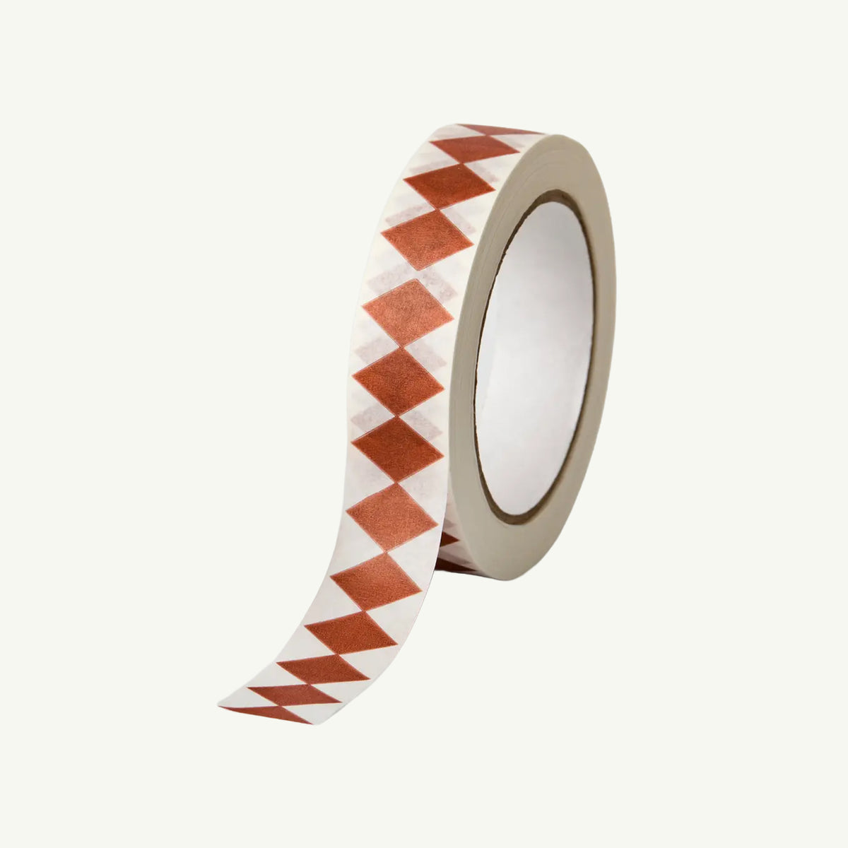 Kinshipped Recycled Paper Tape: red and white diamond pattern on white, eco-friendly roll.