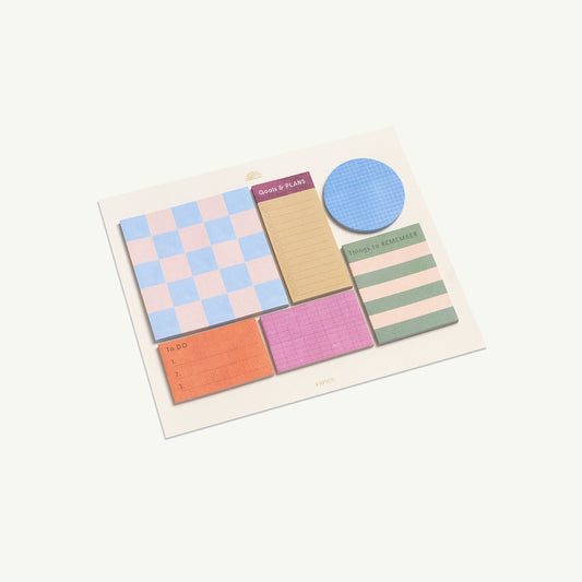 Papier Printed Sticky Notes Set of 6—ideal for jotting to-dos and plans on a white background.