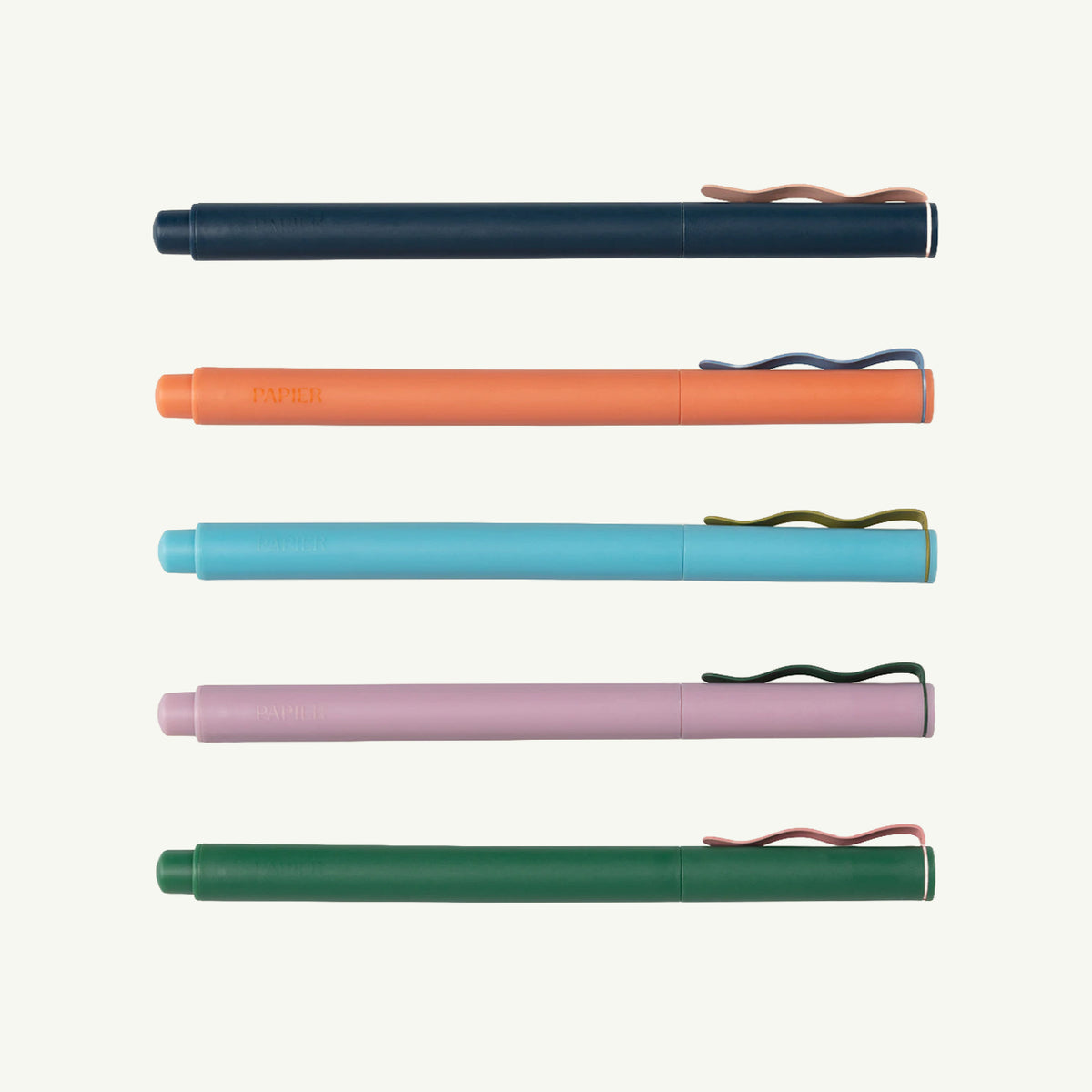 Five Papier Quintet Fineliners - Set of 5, arranged vertically on a white background.