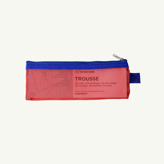 Red and blue Papier Tigre pencil case labeled “Trousse” with French text, geometric design.