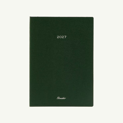 Dark green Pineider’s Milano 2027 Diary with the brand name printed at the bottom.