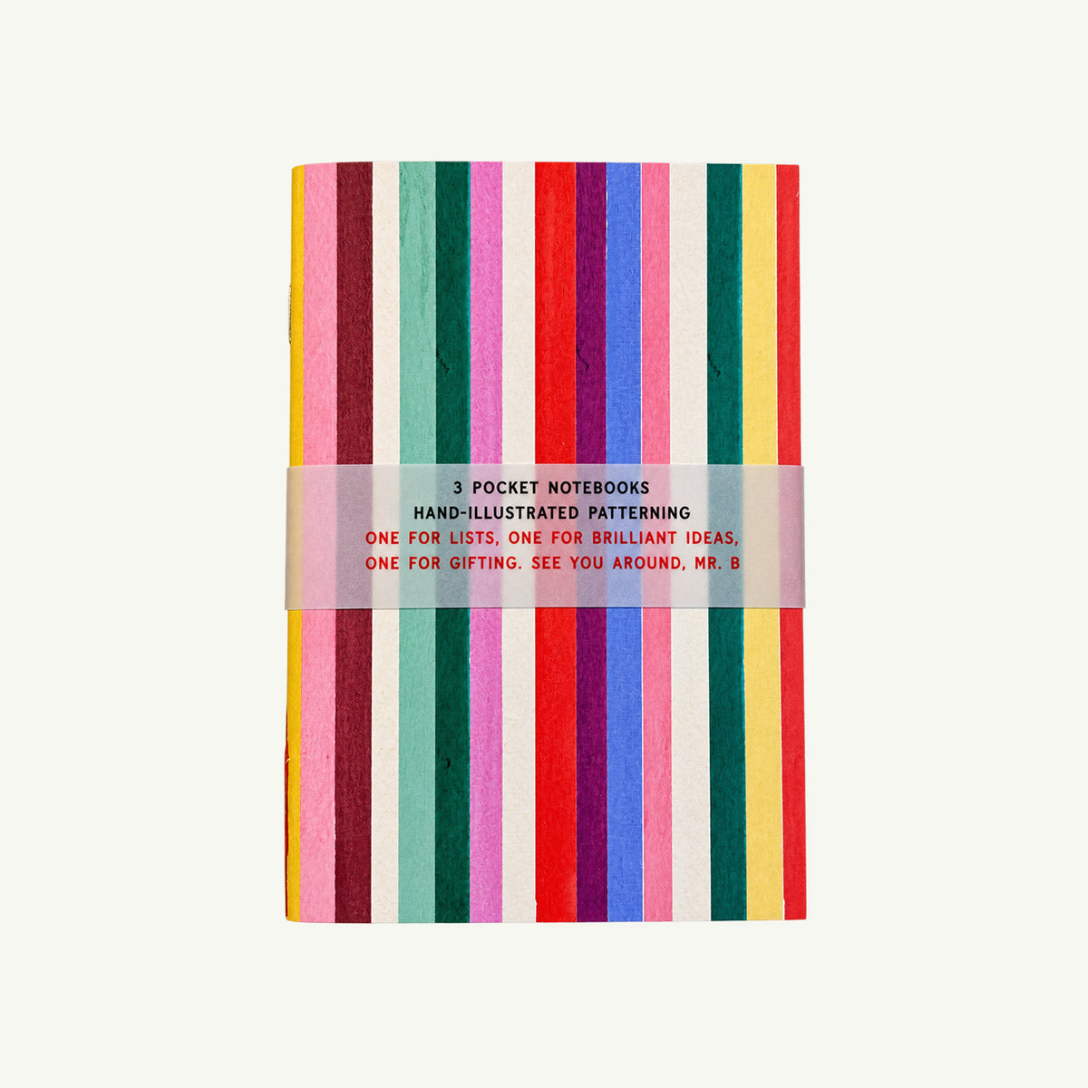 Mr. Boddington’s Studio Pocket Notebooks Set of 3 with colorful vertical stripes and a paper band.