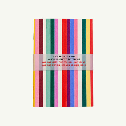 Mr. Boddington’s Studio Pocket Notebooks Set of 3 with colorful vertical stripes and a paper band.