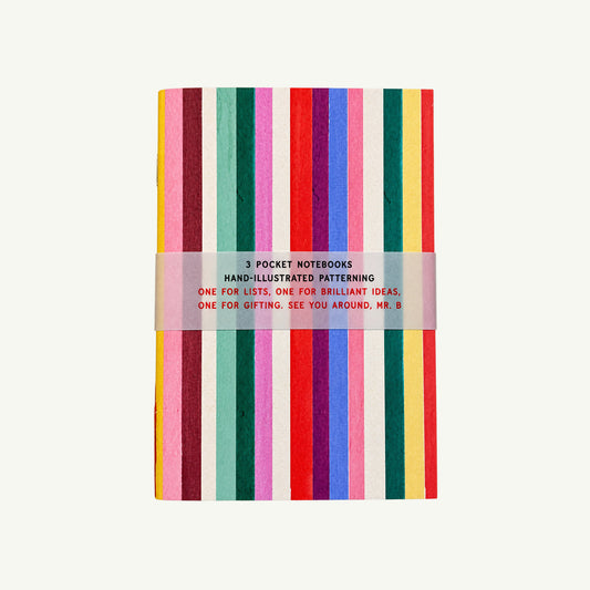 Mr. Boddington’s Studio Pocket Notebooks Set of 3 with colorful vertical stripes and a paper band.