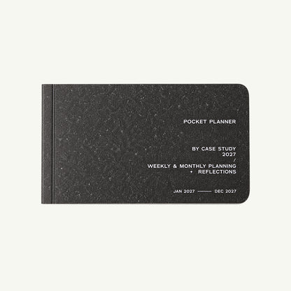 Black A6 Case Study 2027 Pocket Planner, Monthly & Weekly Planner with white text.