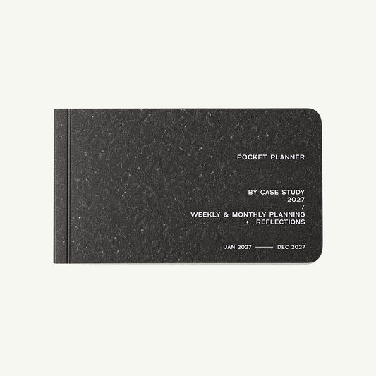 Black A6 Case Study 2027 Pocket Planner, Monthly & Weekly Planner with white text.