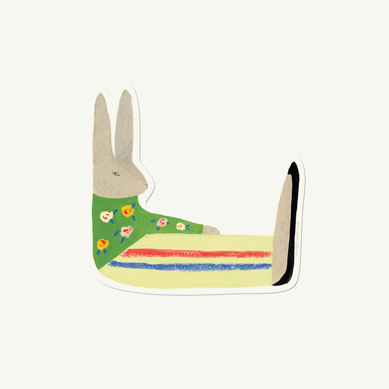 Red Cap Cards' Rabbit sticker: bunny in green shirt, lying in bed—white matte vinyl.