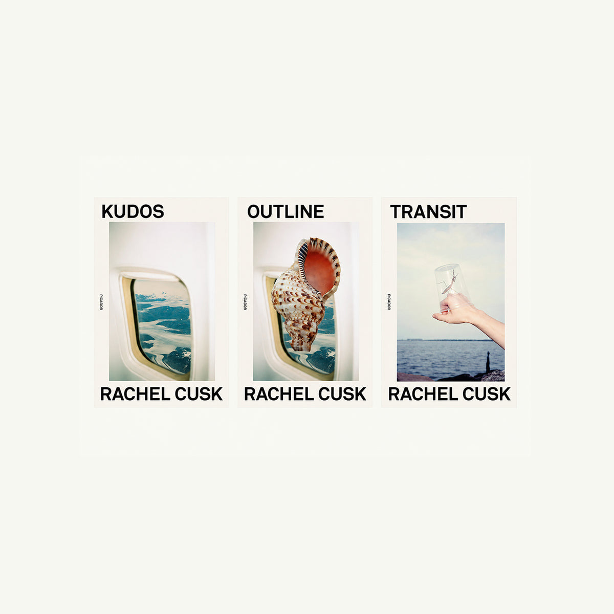 Rachel Cusk Bundle by Macmillan: three covers—Kudos, Outline, Transit—featuring surreal windows.