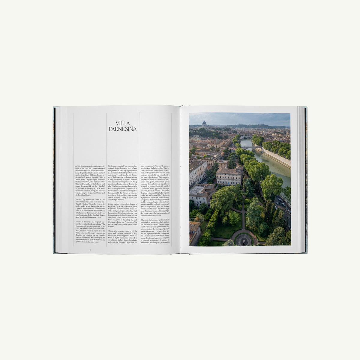 Open “Rome: City of Gardens” by Phaidon with Rome aerial and lush villa gardens in view.