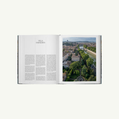 Open “Rome: City of Gardens” by Phaidon with Rome aerial and lush villa gardens in view.