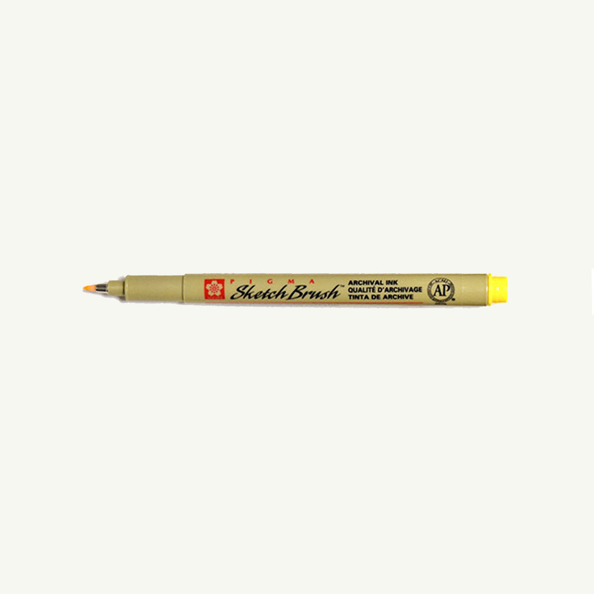 Sakura Pigma Sketch Pen in sepia with yellow cap, displayed on a plain background.