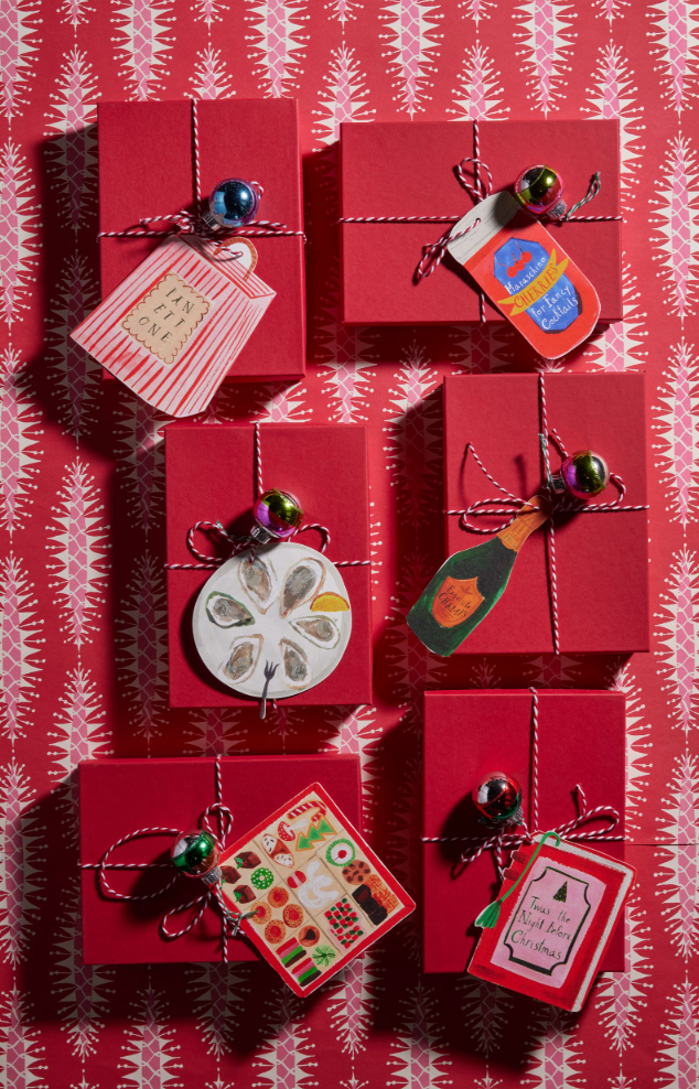Six Holiday Sundries Gift Tags by Mr. Boddington’s Studio, red with jingle bells and illustrations.