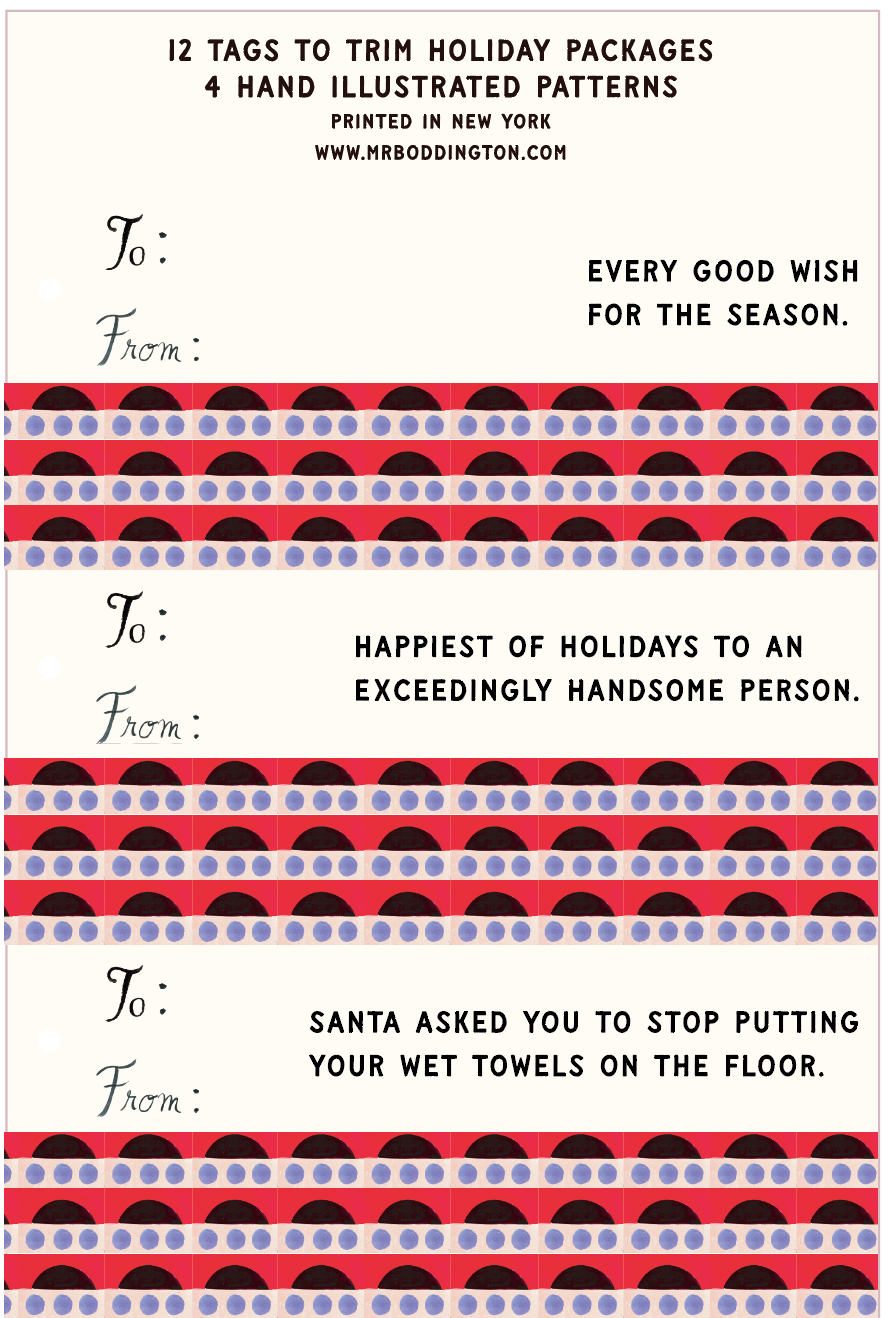 Wit + Cheer Holiday Tags by Mr. Boddington’s Studio: 3 festive tags with playful messages.