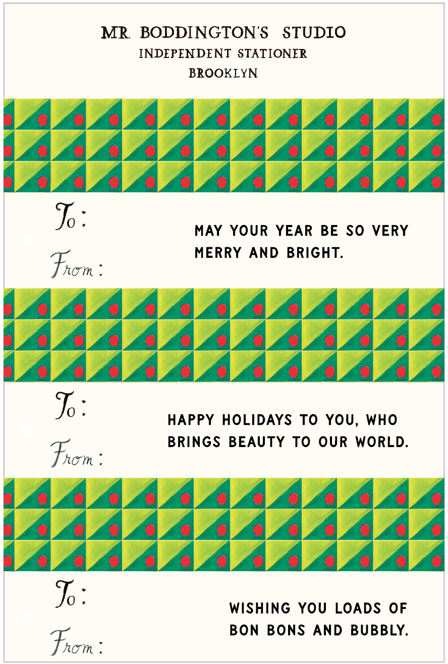 Wit + Cheer Holiday Tags by Mr. Boddington’s Studio: green/yellow trees, holiday messages.