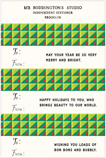 Wit + Cheer Holiday Tags by Mr. Boddington’s Studio: green/yellow trees, holiday messages.