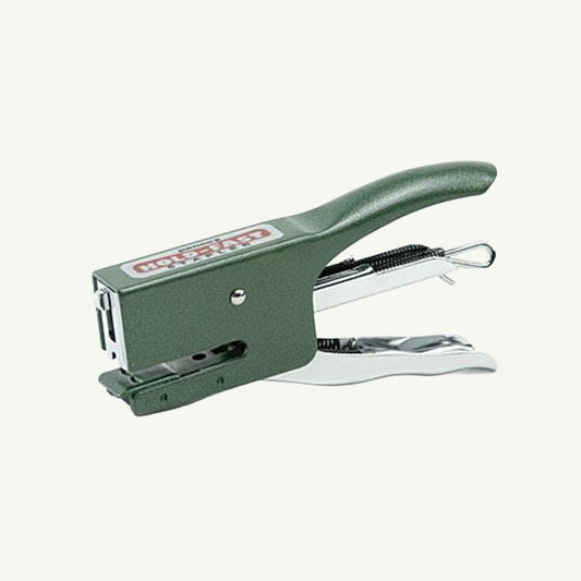 Olive green Mr. Boddington’s Studio stapler with chrome accents and Holdfast branding.