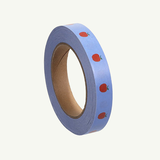 Sticky Lemon Paper Tape, 0.75", blue with repeating red apple pattern.