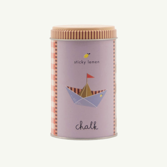 Sticky Lemon Sidewalk Chalk in pastel tin with a paper boat design.