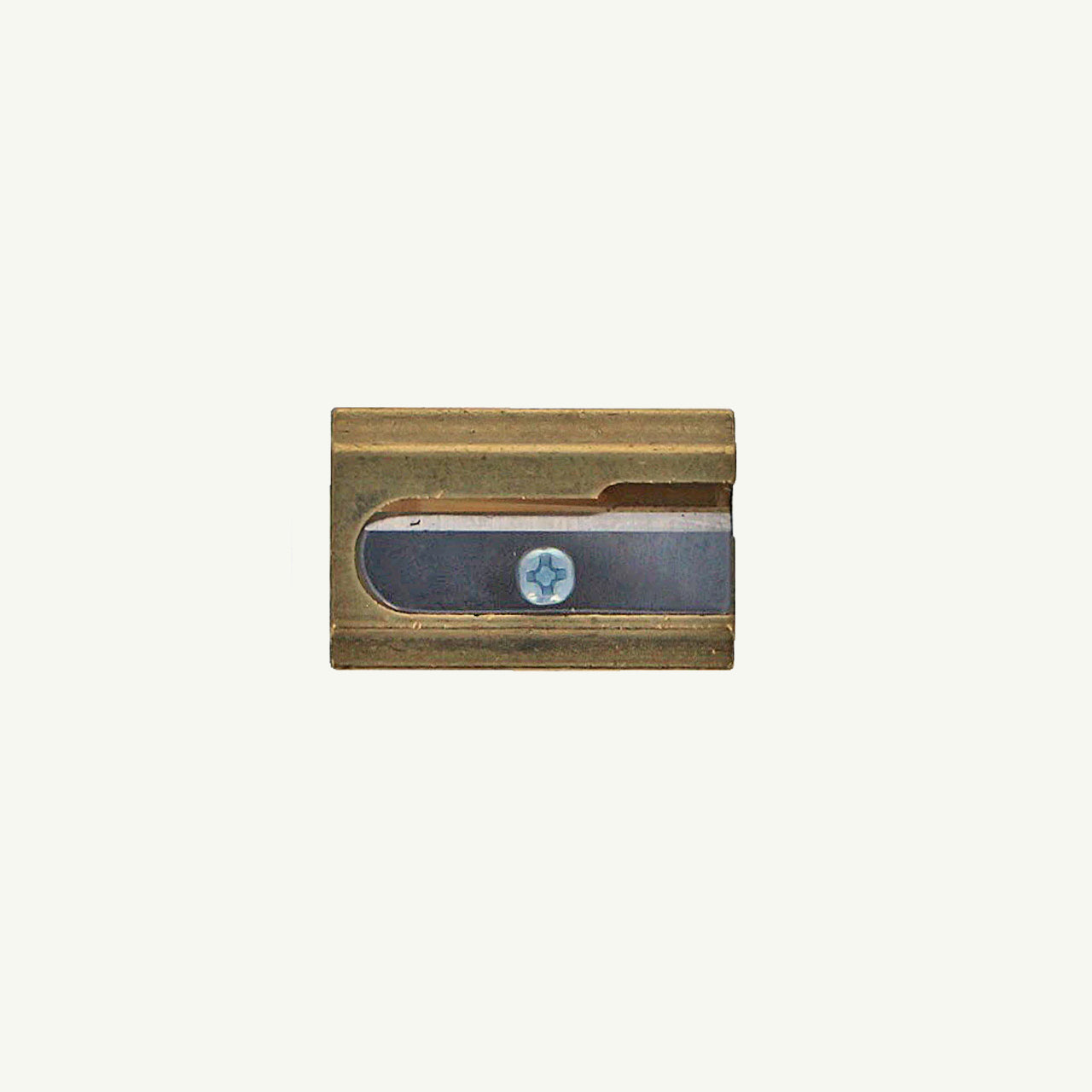 Sweet Bella Single Block Brass Sharpener with visible blade and screw on plain background.