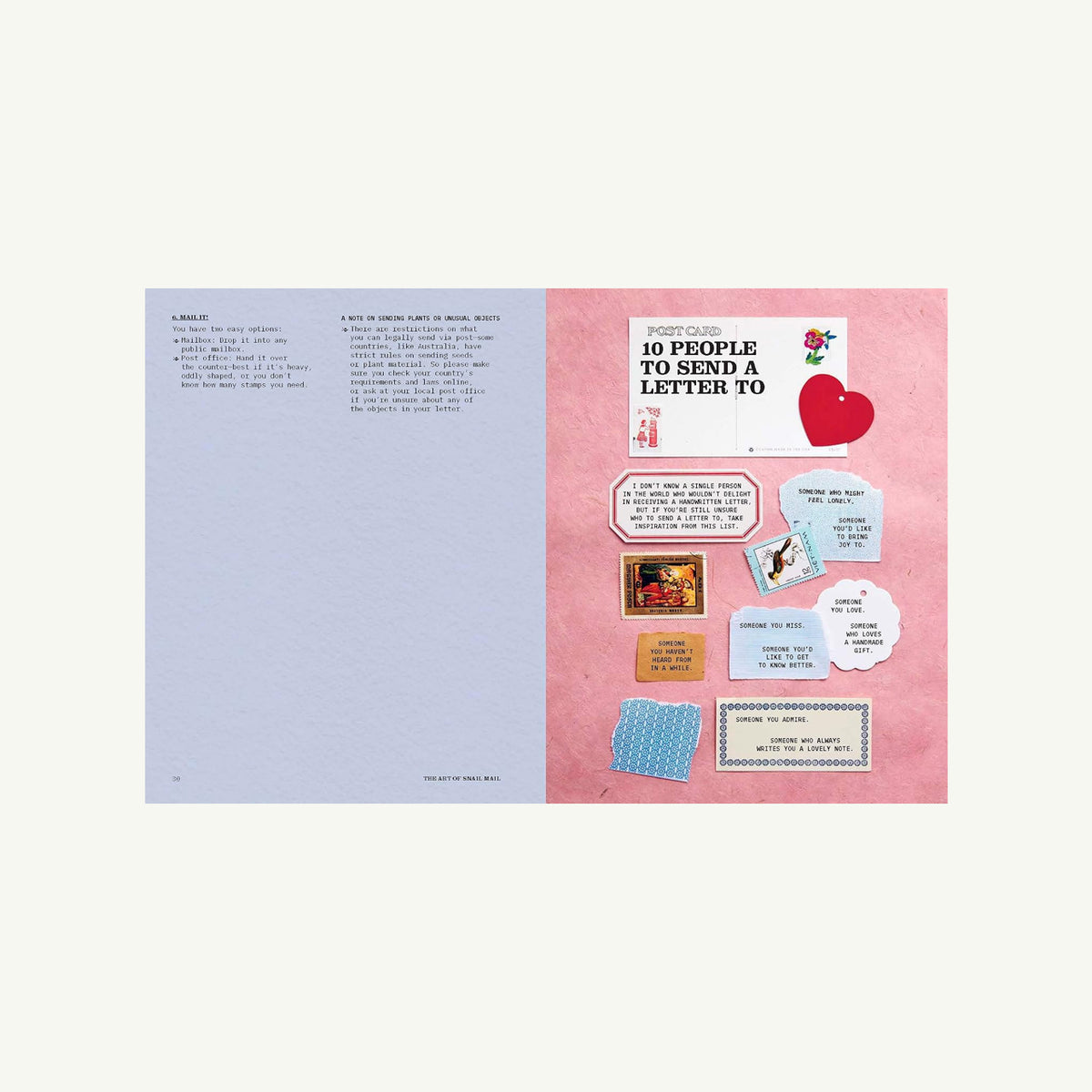 A page from The Art of Snail Mail featuring a checklist surrounded by creative cutouts and tags.
