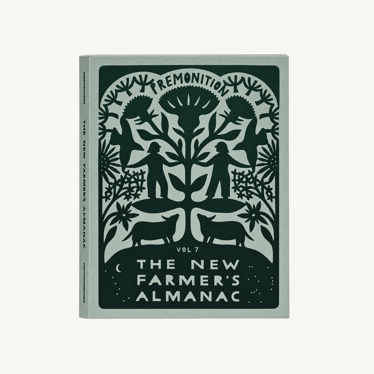 Book cover: New Farmer’s Almanac, Vol. 7: Premonition by Smithereen Farm; plants, animals, figures.