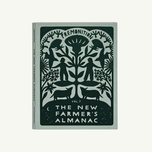 Book cover: New Farmer’s Almanac, Vol. 7: Premonition by Smithereen Farm; plants, animals, figures.