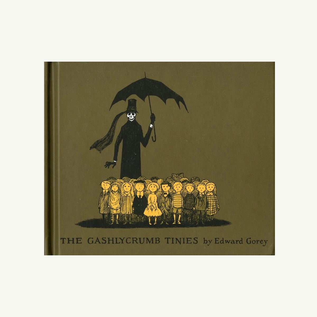 A tall figure with umbrella looms behind kids on Harper Collins’ Gashlycrumb Tinies cover.