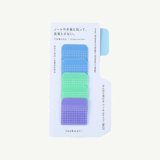 Five DAIGO To Do Sticky Notes - Square, blue/green translucent, grid pattern, Japanese text.