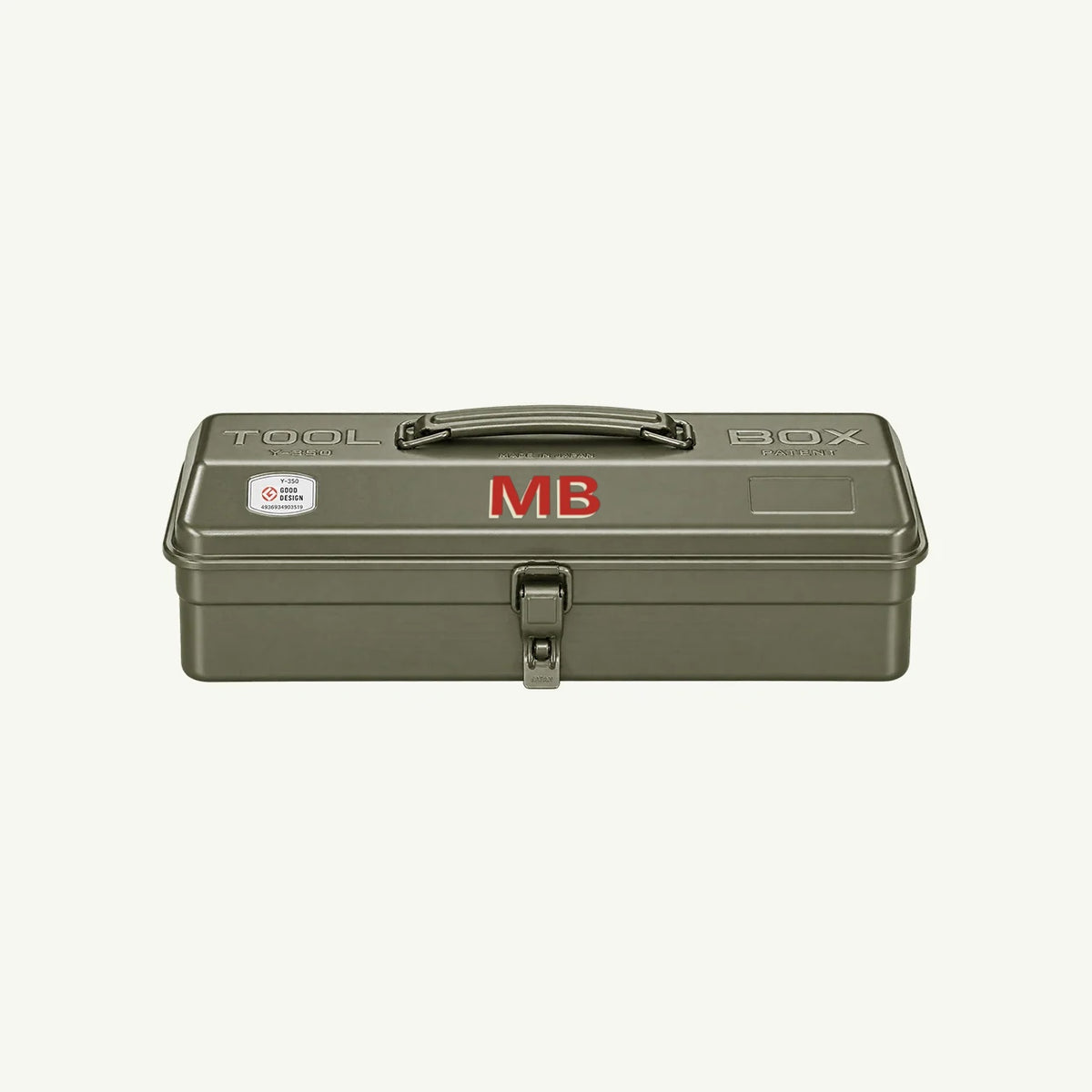 Olive green Monogrammed Steel Toolbox - Olive with a red monogram MB on the front.