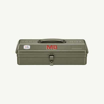 Olive green Monogrammed Steel Toolbox - Olive with a red monogram MB on the front.
